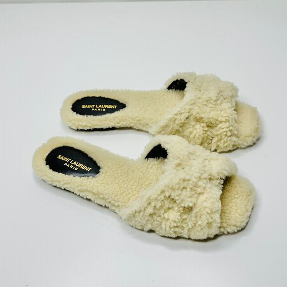 NIB Saint Laurent YSL Tribute 36.5 US 6.5 Slip On Flat Sandals Beige Shearling - Picture 4 of 8